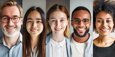 Diverse group of happy professionals, smiling, looking confident, representing various backgrounds, posing in front of neutral backgrounds, unity concept photo