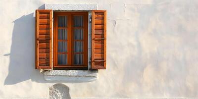 Wooden window with open shutters on stucco wall, sunlight casting shadows, classic architectural element, timeless rustic charm concept photo