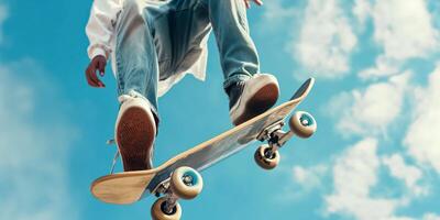 Skateboarder performing aerial tricks, suspended in the air with skateboard, clear blue sky, action-packed shot, extreme sports concept photo