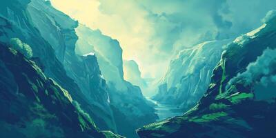 Majestic mountain valley, digitally illustrated, with a serene river flowing through, under a sky filled with fluffy clouds, nature beauty concept photo