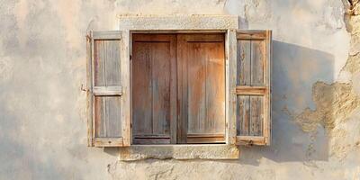 Close-up of rustic wooden window shutters on aged, textured wall, showcasing vintage charm, weathered wood details, and nostalgic appeal, rustic window concept photo