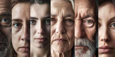 Collage of diverse human faces representing different ages, emotions and backgrounds, a tapestry of human diversity and expression, diversity concept photo