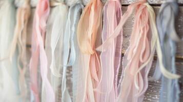 An elegant display of pastel ribbons hung on a rustic wooden frame for a shabby chic look photo