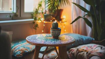 A delightful kitchen corner completed with a small mosaic table ling string lights and colorful floor pillows for a bohemianinspired space to relax and unwind photo