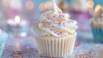 A closeup of a whimsical novelty candle resembling a cupcake and made with a blend of coconut wax and essential oils topped with sprinkles of shimmering glitter photo