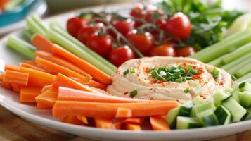 A platter of colorful crudit featuring crisp carrots celery bell peppers and cherry tomatoes with creamy hummus for dipping photo
