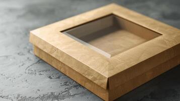 A folded paper box with a windowpane panel allows for a visible and environmentallyfriendly display of the product photo