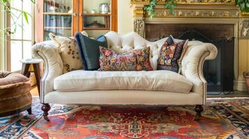 A cozy sitting room with a textured cream sofa adorned with intricately embroidered pillows offset by a timeless Persian rug and a gilded fireplace mantle photo
