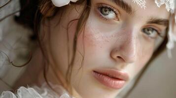 A whimsical headband adorned with handstitched fabric flowers and delicate lace perfect for a bohochic bride photo