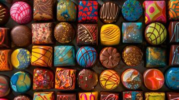 A colorful array of handpainted chocolates each one a little work of art with intricate designs and patterns hiding a surprise of fruity creme or liqueur inside photo