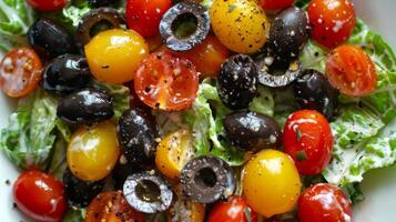 Vibrant cherry tomatoes adding a pop of color to the charred romaine caesar salad along with tangy and briny black olives photo