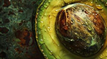 A crosssection of an avocado highlighting its natural oils that are extracted for use in hair and skincare products photo
