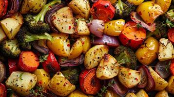 A vibrant array of roasted vegetables sprinkled with superfood seasonings like turmeric ginger and garlic and lightly coated with avocado oil for a delicious and healthy side dish photo