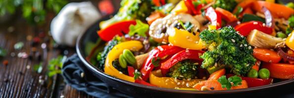 A healthy stirfry dish with a variety of colorful vegetables cooked in avocado oil photo