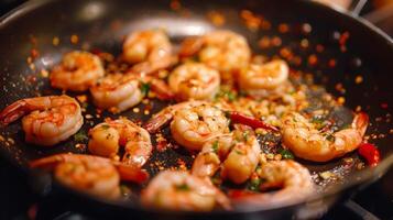 Saut ing shrimp in avocado oil with garlic and chili flakes in a pan photo