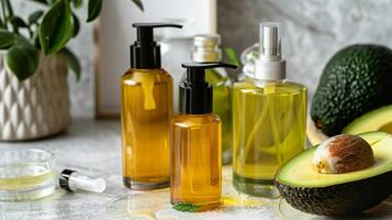 A set of beauty products with labels touting the use of avocado oils antioxidant benefits promoting their effectiveness in improving the overall health and appearance of the skin photo