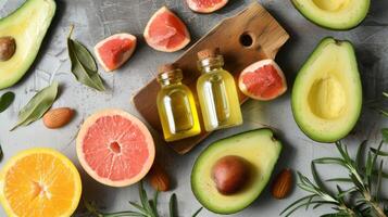 A flat lay of various fruits and oils including avocado showcasing their antioxidant content and how they can be incorporated into a DIY beauty routine photo
