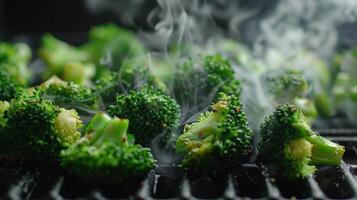 Thin wisps of steam rising from the grills grates as the broccoli florets cook photo