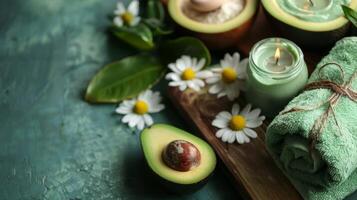 A tranquil spa setting with an assortment of avocado oilinfused treatments promoting a relaxing and rejuvenating experience that nourishes the skin with antioxidants photo