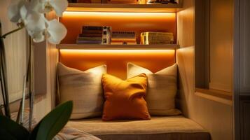 Enclosed in a small nook this writers haven invites relaxation and focus with its soft lighting and comfortable seating photo