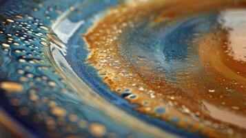 An upclose view of a handthrown plate displaying a mesmerizing blend of deep blue and warm amber glazes that create a stunning gradient effect photo