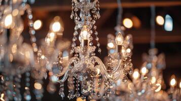 Glimmering chandeliers hanging from the ceiling adding a touch of luxury to the space photo