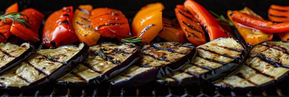 Thinlysliced eggplant and bell peppers sizzling on a hot grill getting ready to be stuffed into a quesadilla photo