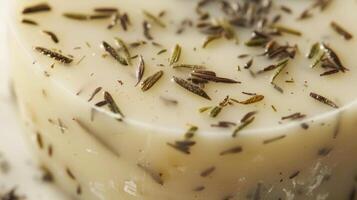 An upclose image of a round soap bar revealing a mesmerizing pattern of tiny speckles of dried herbs and es peeking through the smooth marbled surface made from a combination of nourishin photo