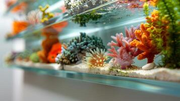Bring a touch of the ocean into your living space with these floating shelves featuring tiny aquariums filled with delicate sea creatures and delicate corals photo