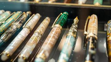 A vintage fountain pen collection displayed in a glass display case featuring a variety of colors and materials such as mother of pearl jade and ivory photo