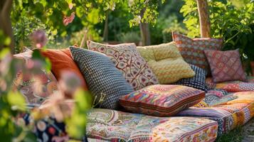 An enchanting garden corner with an array of mismatched patterned cushions on the seating. Perfect for hosting picnics or simply lounging with a good book photo