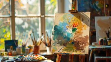 Natural light streams through the windows of this art studio blending with soft indoor lighting to create a warm and inviting environment. A palette of paints sits ready for use o photo