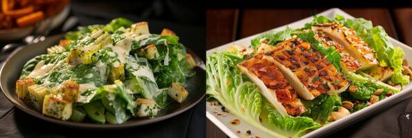 A sidebyside comparison of a traditional Caesar salad and a grilled romaine version showing the unique twist on the classic dish photo