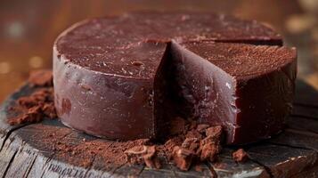 A closeup of a deep red cheese aged and preserved with a layer of red wine and cocoa powder giving it a complex and bold taste photo