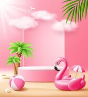Summer podium display, Pink flamingo inflatable swimming pool, coconut trees, pile of sand, beach ball, banner design, on sand beach cloud and sky pink background vector