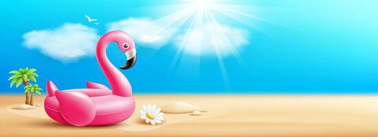 Pink flamingo inflatable swimming pool ring float, coconut tree, summer on sand beach banner design on cloud and sky blue background vector