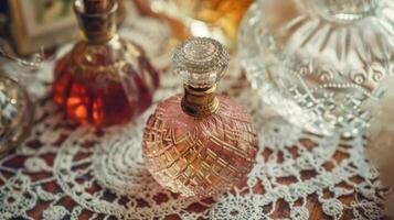 A glimpse into the past with a curated selection of vintage perfume bottles adorned with intricate patterns elegantly p on a vintage lace doily photo