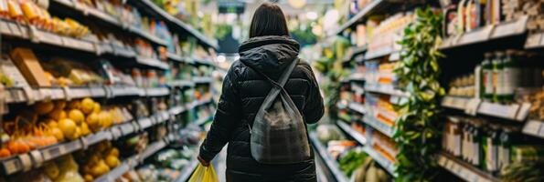 A person strolls through the aisles of a supermarket choosing to purchase items with minimal packaging and bringing their own reusable bags and containers for produce and bulk items photo