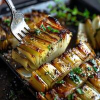 A fork pulling apart a grilled leek revealing its crispy and caramelized layers photo