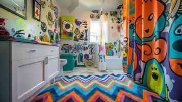 Step into this vibrant bathroom featuring a colorful chevron print rug a collection of e monster figurines and a shower curtain covered in whimsical doodles photo