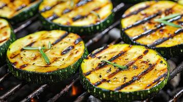 Juicy slices of zucchini adorned with beautiful grill marks photo