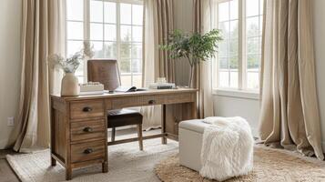 A neutraltoned home office with a clean and organized workspace. A plush rug and earthtoned curtains add warmth and a cozy touch photo