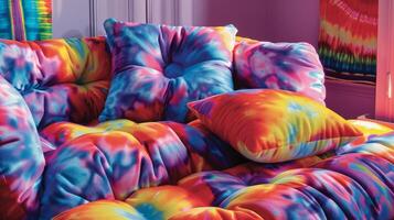A retro Y2K bedroom with inflatable furniture including a blowup bean bag and an air mattress with a colorful tiedye pattern photo