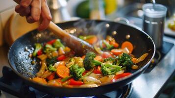 A crispy and flavorful stirfry its delicate flavors due in part to a toss of avocado oil at the end of cooking photo