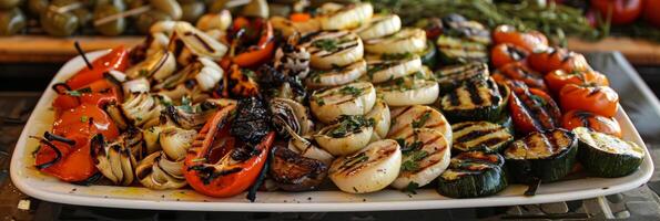 A platter of grilled vegetables glistening with a hint of olive oil and a sprinkle of salt photo