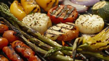 A variety of seasonal vegetables sizzling on the grill creating a medley of flavors photo