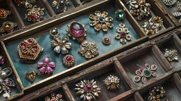 A display of vintage brooches like a treasure chest od for all to see each one more beautiful than the last and offering a glimpse into a world of timeless elegance photo
