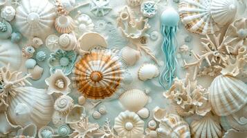 Elevate your decor with a touch of nautical charm with this undersea garden accent wall showcasing a mesmerizing array of delicate seashell gardens and graceful jellyfish photo