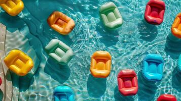 An overhead view of a pool filled with colorful inflatable chairs a popular summer pastime for kids and teens during that era photo