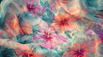 A retro beach towel with a faded floral pattern and inflatable fabric. Adds a unique and retro touch to any beach day essential photo
